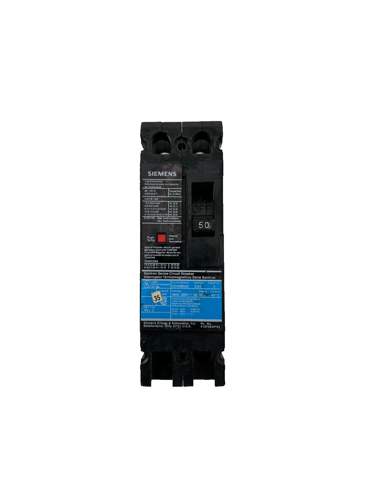 Siemens ED42B050 Circuit Breaker 50A 2-Pole 480V – RoboMachIndustrial